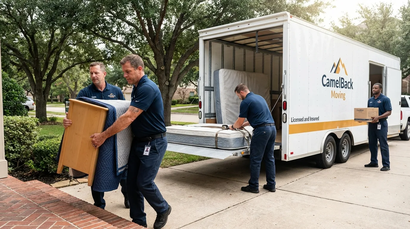 Crew loading residential truck for cross-state move from Lacon, IL