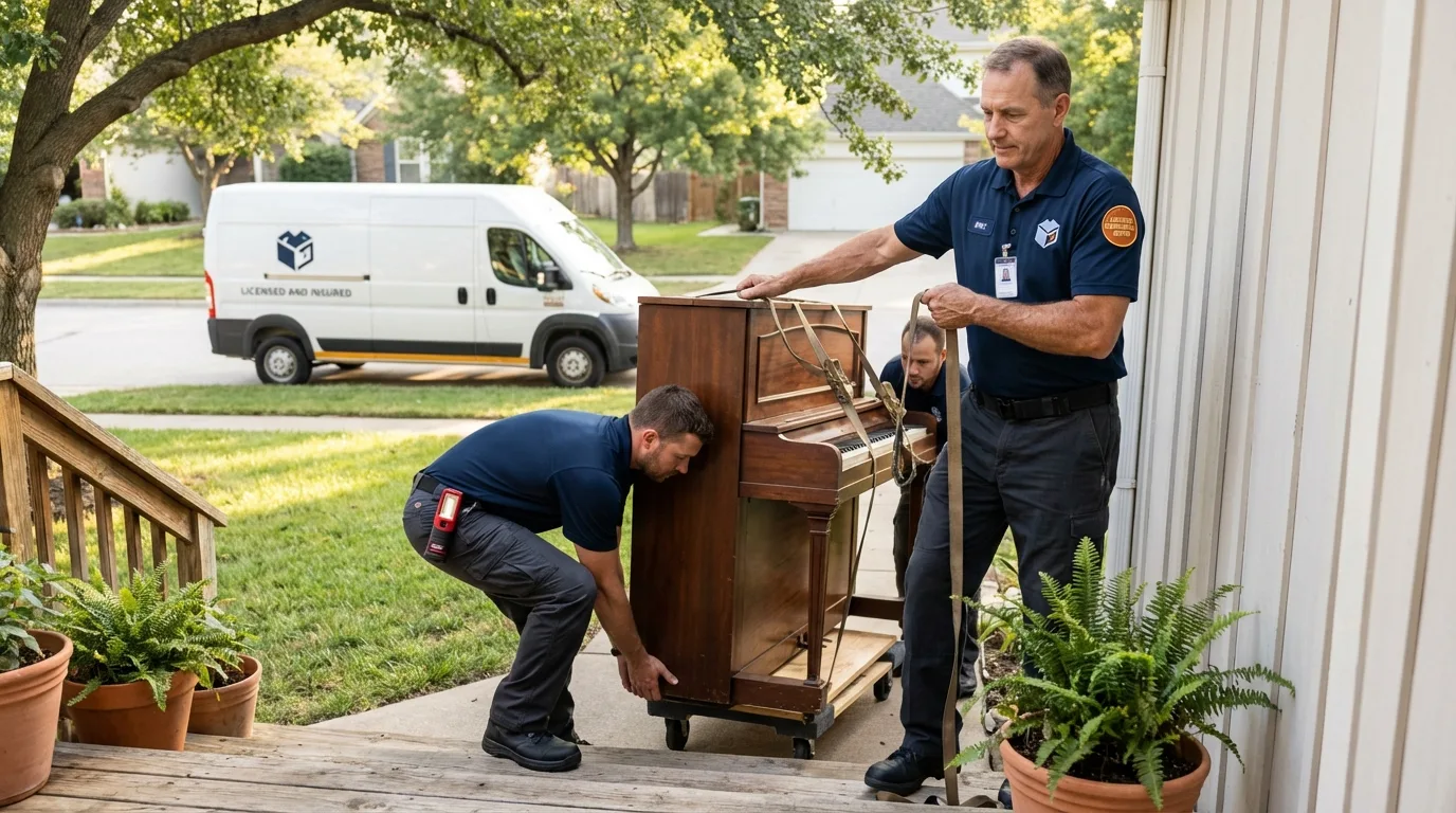 Licensed piano movers securing grand piano in Lacon, IL
