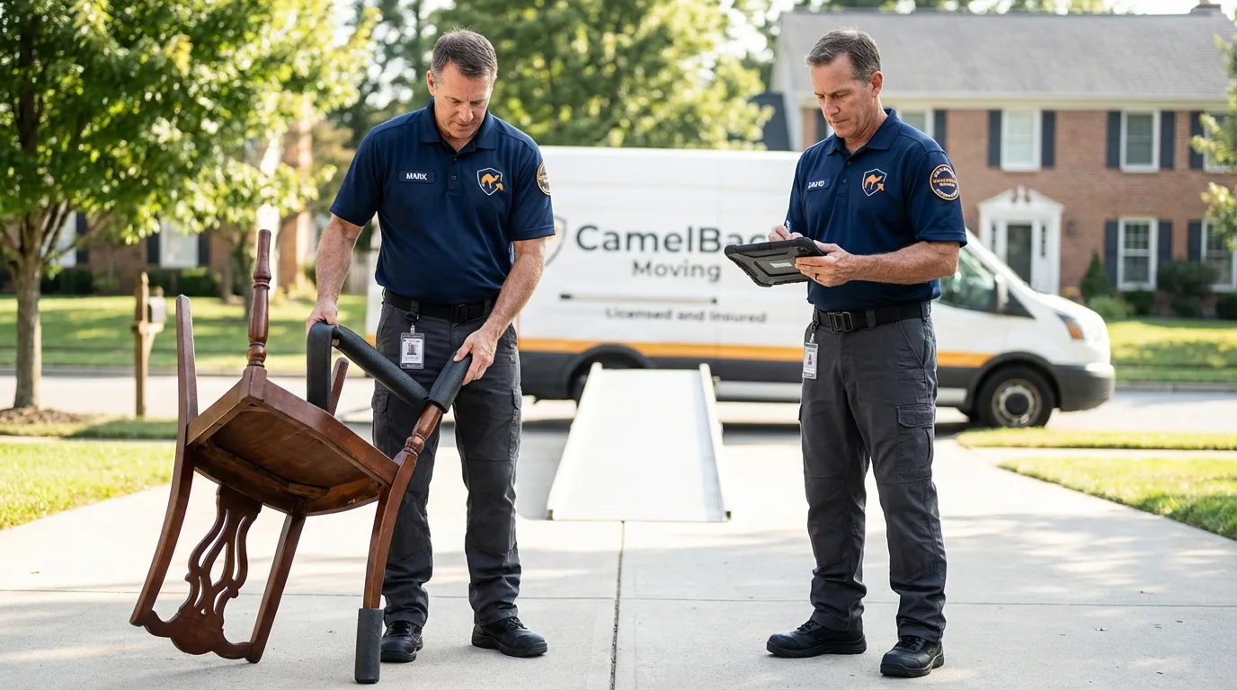 Movers inspecting furniture for damage prevention before loading in Lacon, IL