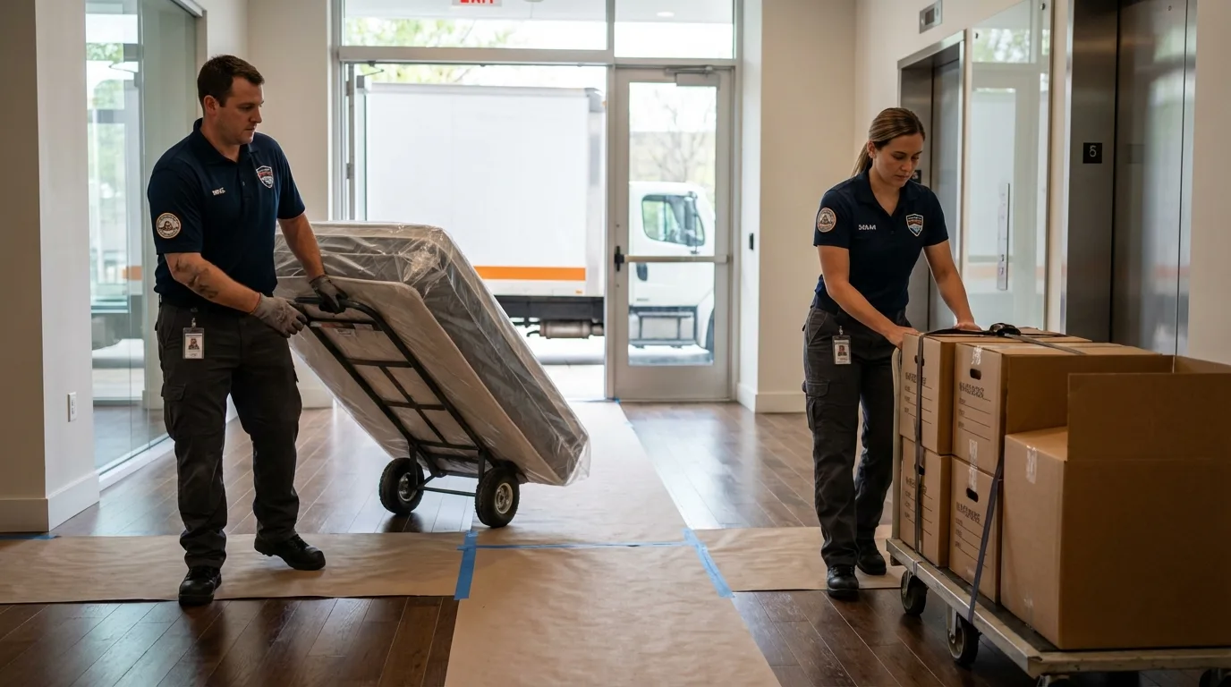 Professional apartment movers loading elevator in Lacon, IL