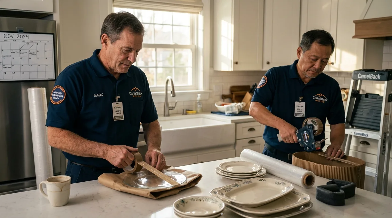 Professional crew packing kitchen dishware in Lacon, IL